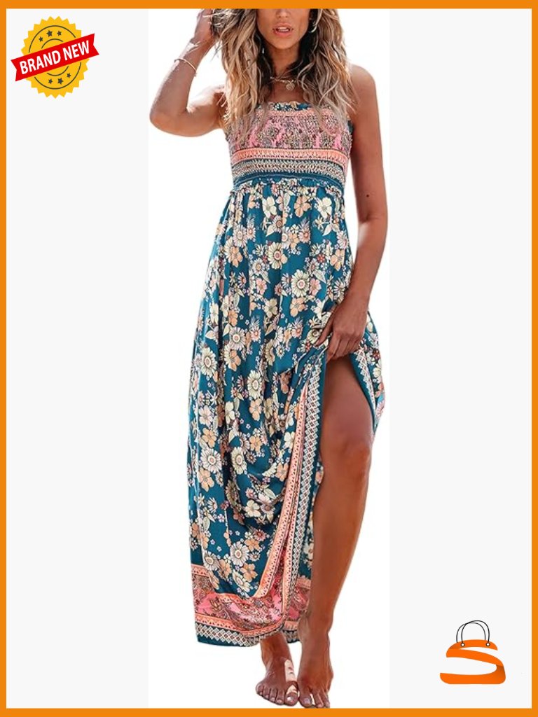Women Spaghetti Strap Boho Maxi Dress Smocked Flowy Beach Vacation Sundress